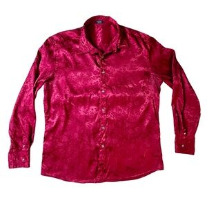 Vintage Red Floral Silky Button Down Collared Long Sleeve Shirt Blouse Large